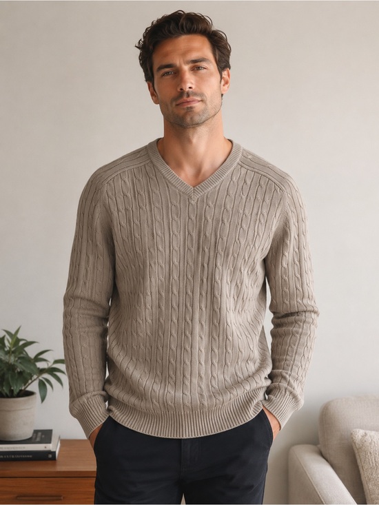 Woods & Gray Other - Woods & Gray Cable Knit V Neck Sweater XL Beige 100% Cotton Classic Old Money